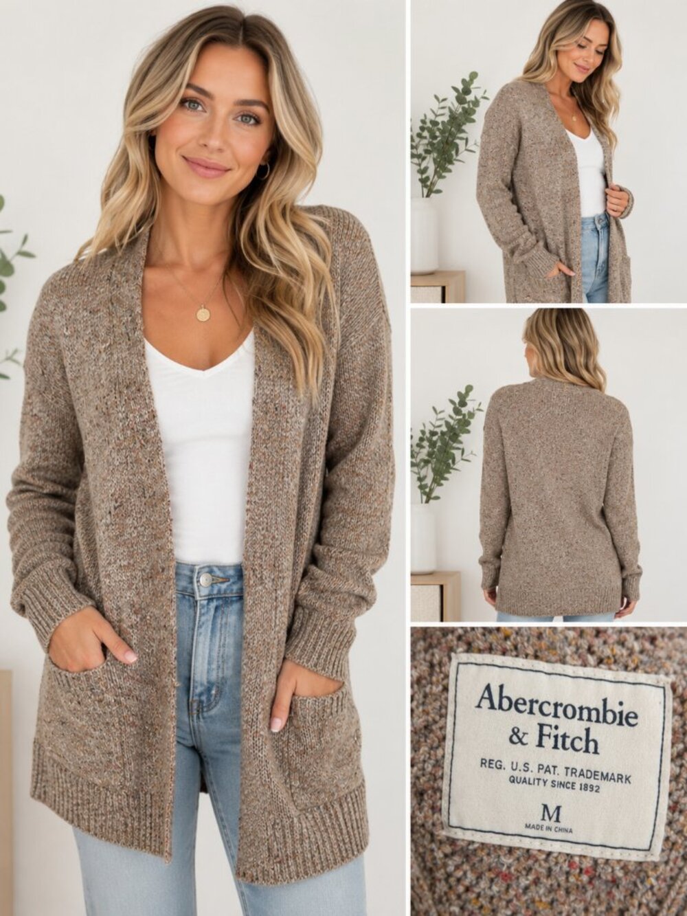 Abercrombie & Fitch Womens Cardigan M Taupe Marled Knit Open Front Pockets